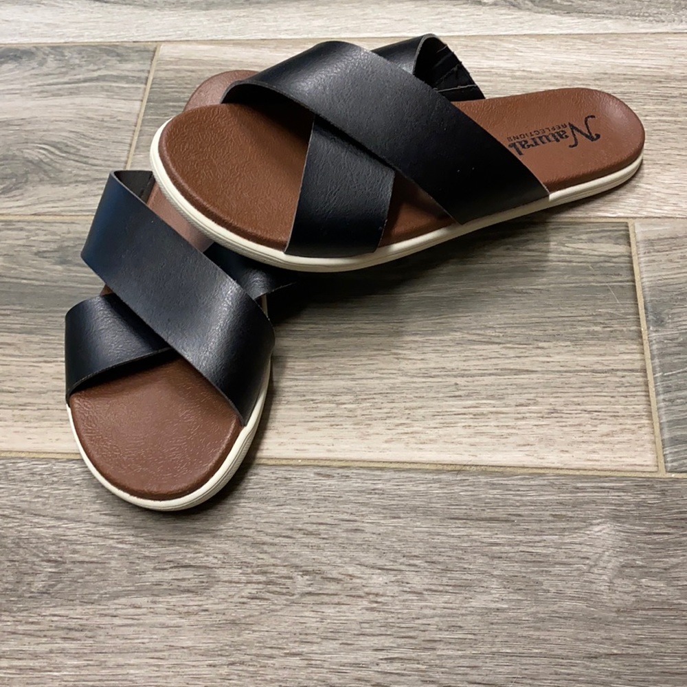 Black leather slides